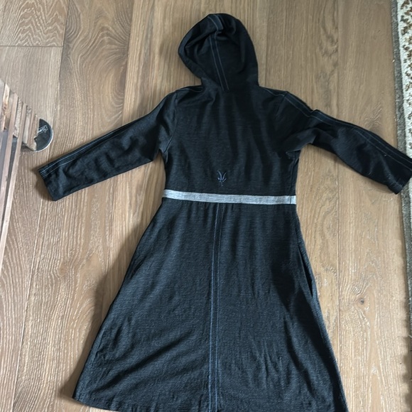 Ibex hooded Sweater dress 100% Merino Wool Womens S Faux Wrap Front Pockets Warm - Picture 3 of 15